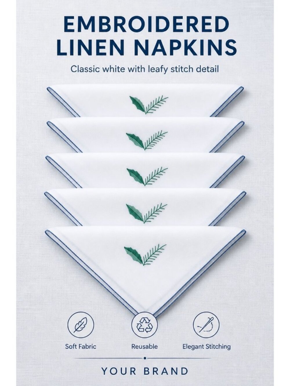 Embroidered White Linen Napkins With Leafy Stitch Detail - Elegant Table Decor